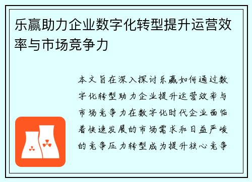 乐赢助力企业数字化转型提升运营效率与市场竞争力